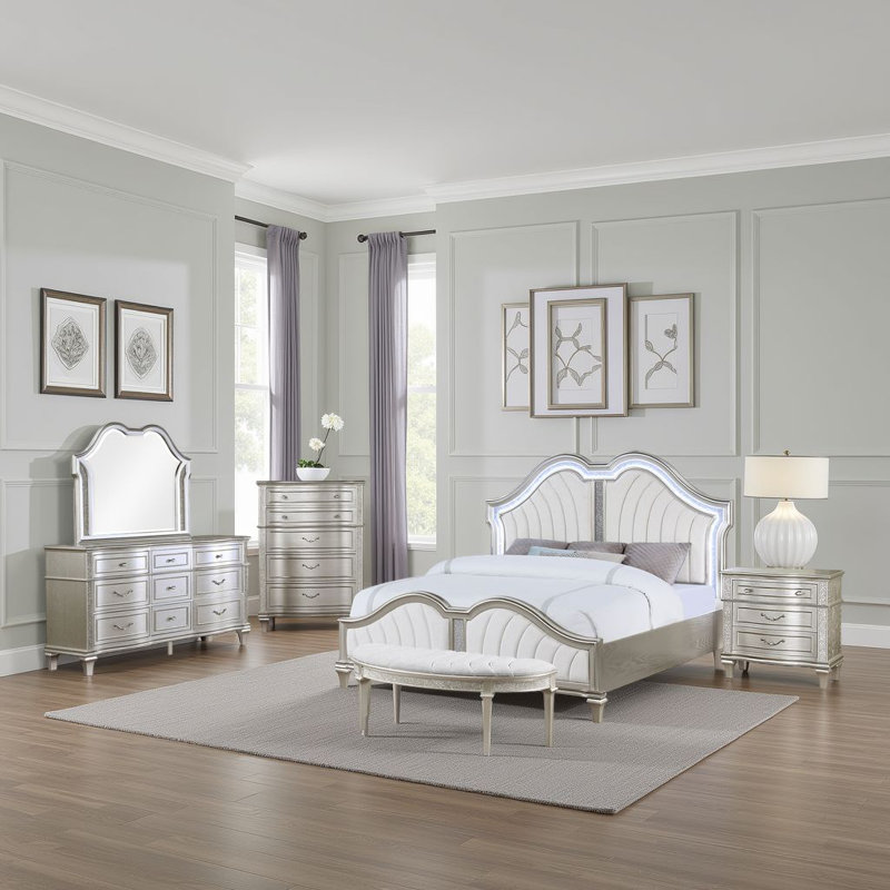 Ensemble de chambre avec très grand lit 5 pièces Nive, argent, revêtement capitonné ivoire, Très grand lit
