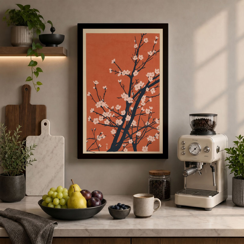 Spring Blossom Branch Botanical - Wrapped Canvas, 24x16 - 61.0 x 40.6 cm, Taupe Border