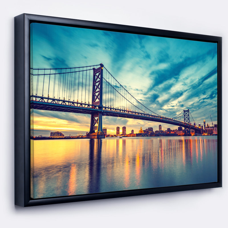 Paysage urbain «Ben Franklin Bridge in Philadelphia», impression, H 30 po x l 40 po x P 1,5 po, Toile avec cadre flottant