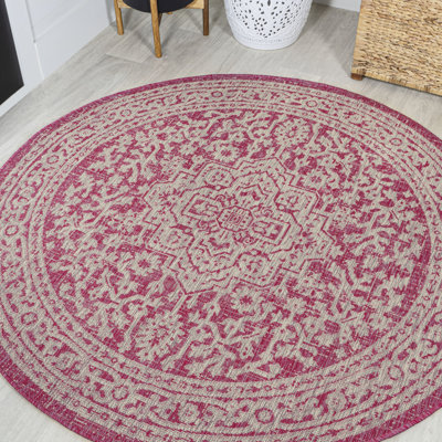 Aaleayah Medallion Textured Weave Fuchsia/Light Gray Indoor/Outdoor Rug
