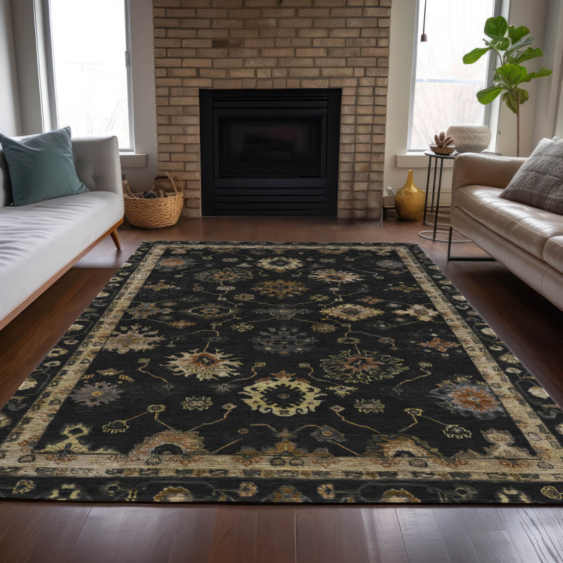 Tapis noir intérieur / extérieur lavable à la machine Xhevrie, Rectangle 9 pi x 12 pi