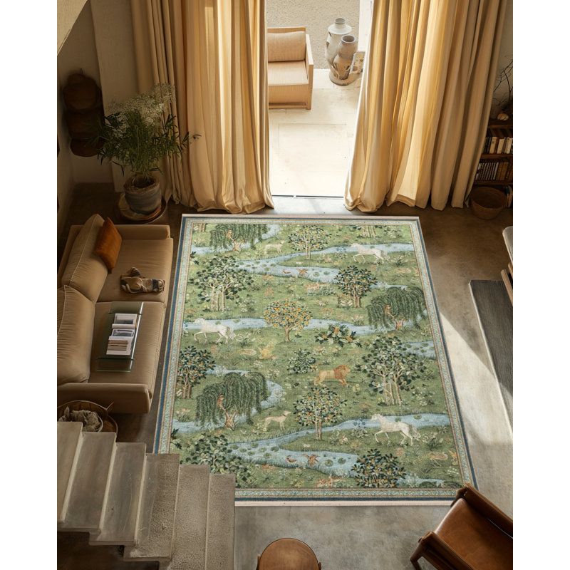 Tapis décoratif moderne à motif d'arbre et de lion à motif vert, Rectangle 2 pi 8 po x 5 pi