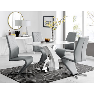 Edzard Chrome & White High Gloss Dining Table Set with 4 Luxury Faux Leather Dining Chairs