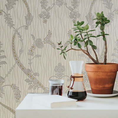 Papier peint damassé brun clair taupe