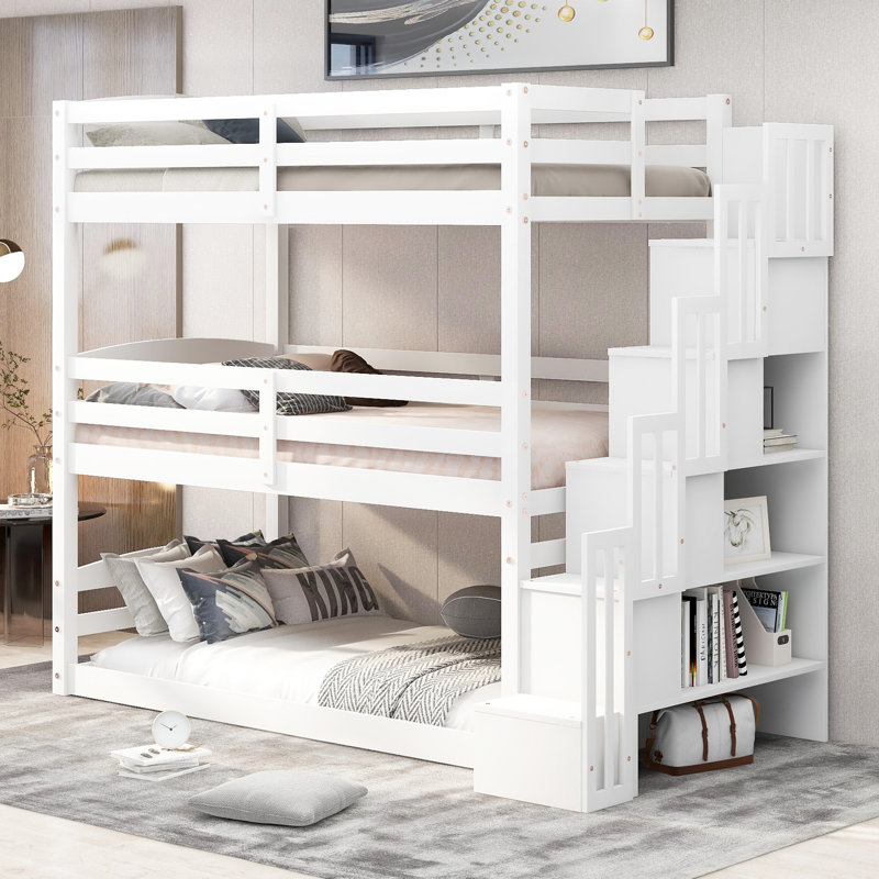 Lit superposé triple blanc avec espace de rangement séparé et simple dans un modèle de compartiment stable