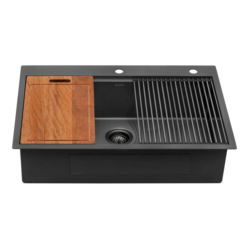 Workstation Topmount 33" L x 22" W Drop-In Kitchen Sink with Sink Grid and Drain Assembly, Matte Black