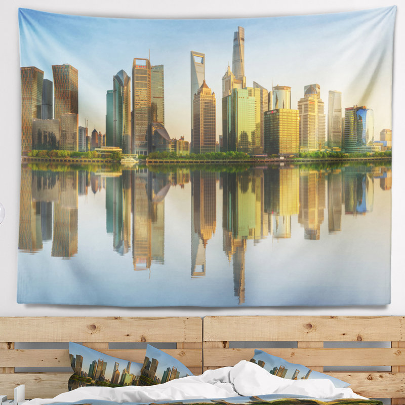 Tapisserie cityscape shanghai huangpu au coucher du soleil, H 32 po x l 39 po