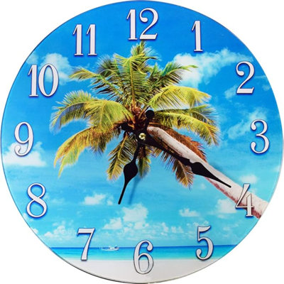 Glass Wall Clock - Ideal For Home And Office Decor - Battery Operated - Aestethic & Durable Timepiece - Beachy Vibes,Tropical Charm Nautical Beach- 13 X 13 Inches - Palm Tree Beach