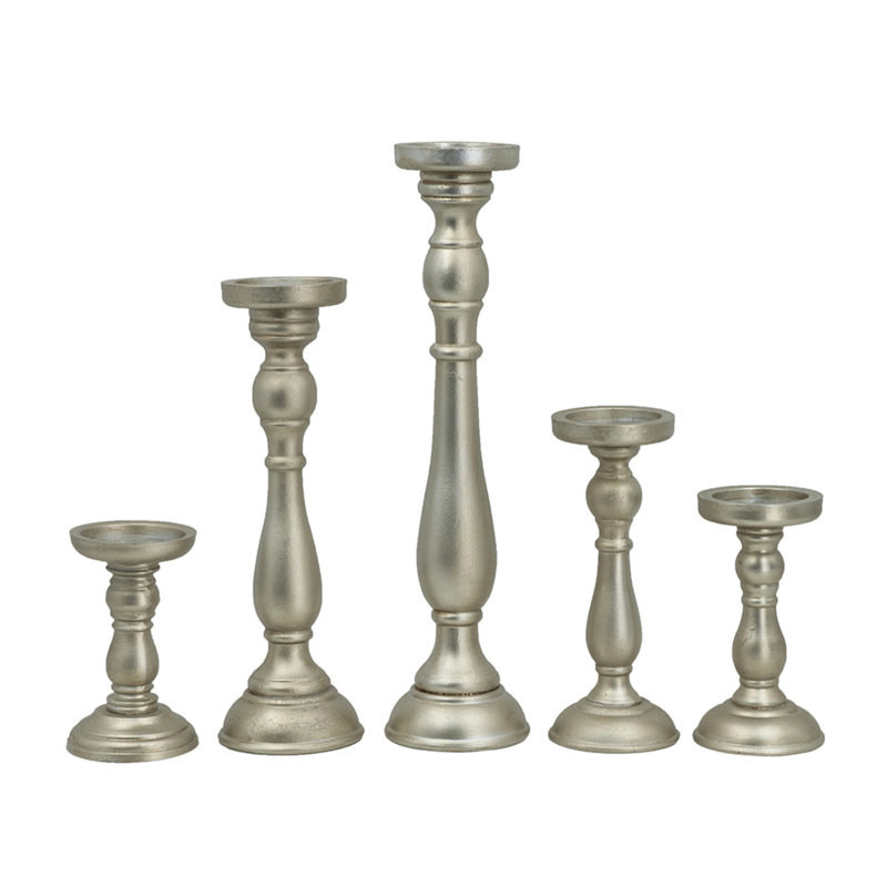 Porte-bougies en bois tourné argent S / 5, hauteurs assorties, Argent argent