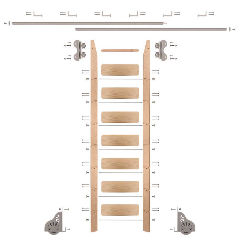 Red Oak 8.06' 7-Step Wood Rolling Sunburst Wheel Ladder