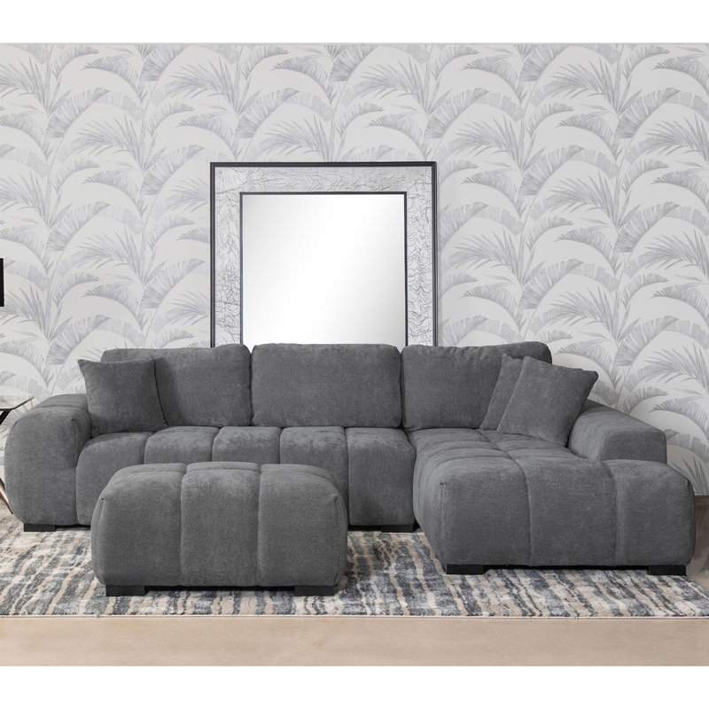 Canapé modulaire rembourré avec méridienne Plather, Tissu gris anthracite