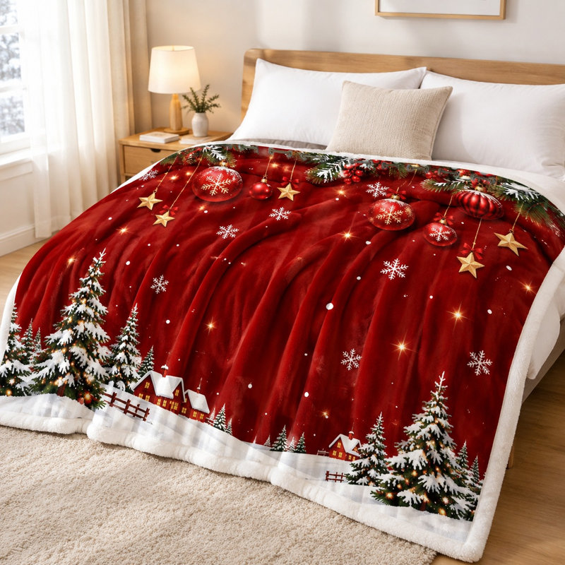 Christmas Red Fleece Throw Blanket, Festive Winter Scene Cozy Lightweight Plush Bed Blanket for Sofa Couch Bedroom Living Room Home Decoration