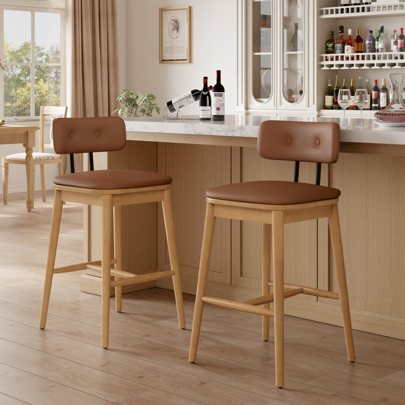 Tabourets de bar en bois massif, tabourets de cuisine en similicuir avec dossier, repose-pieds et patins antidérapants (ensemble de 2)