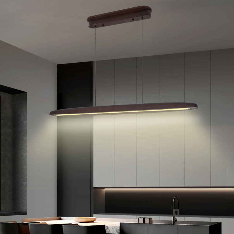 39-Inch Streamline Wooden Led Pendant Light With Remote Control, Adjustable Hanging Light For Dining Room, Kitchen, Living Room – Contemporary Walnut Wood Finish