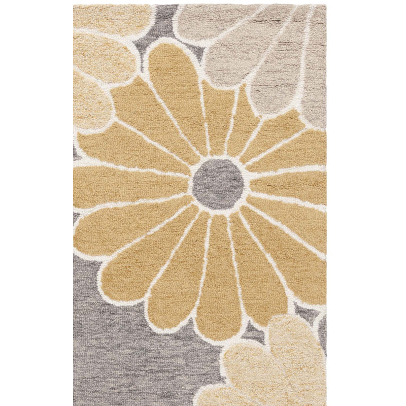 Tapis floral gris / beige en laine / coton touffeté à la main Metro 384, Rectangle 4 pi x 6 pi