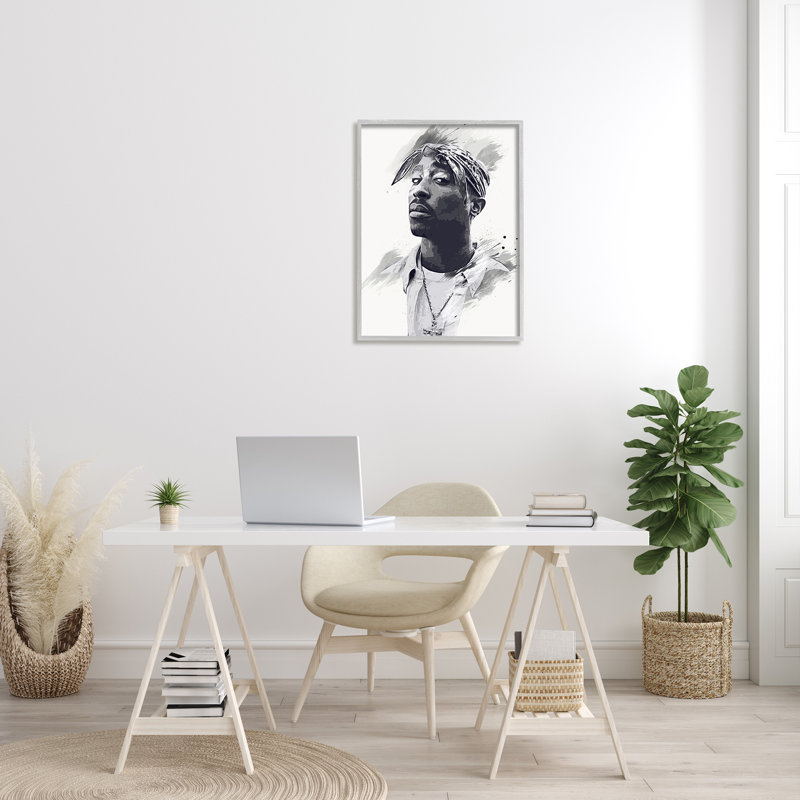 Tupac, portrait moderne, motif abstrait noir et blanc, cadre flottant, impression, H 30 po x l 24 po x P 1,5 po