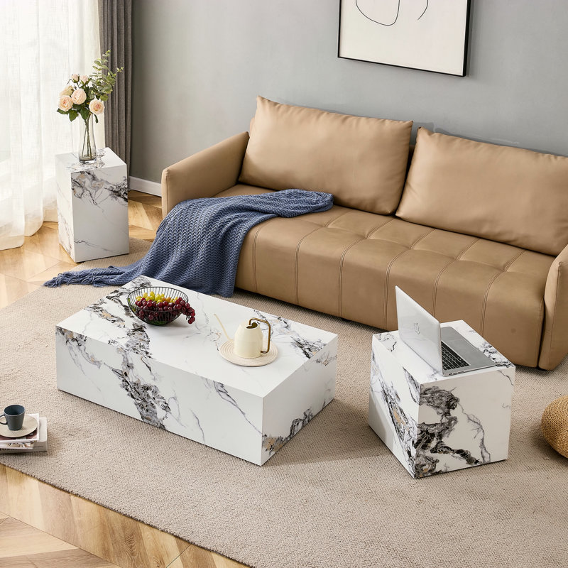 Table basse 39,3 * 23,6 * 11,8 po à motif de marbre blanc, Blanc