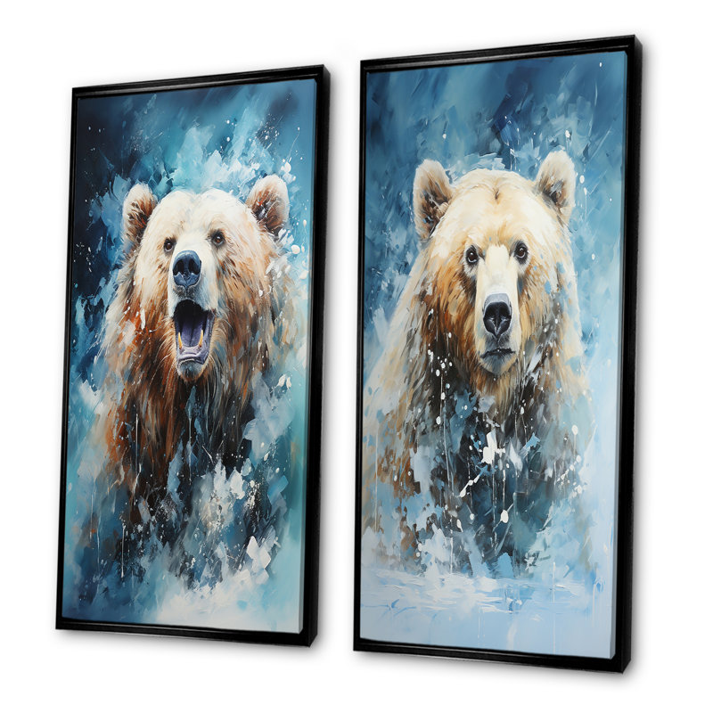 Ours abstrait en mouvement - ensemble d'art mural en toile sur 2 ours, Cadre noir, H 32 po x l 33 po