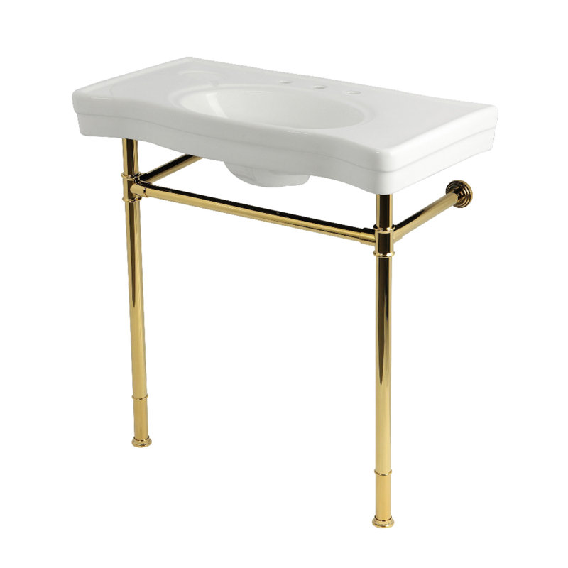 Kingston Brass Imperial 36-Inch Ceramic Console Sink with Stainless Steel Legs (8-Inch, 3-Hole), Black, Polished Brass