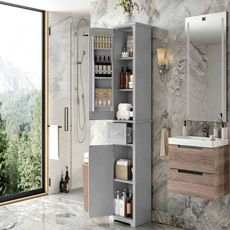 Tall Bathroom Storage Cabinet, Freestanding Storage Cabinet With Two Different Size Doors And Adjustable Shelf, Door Shelve Design, Mdf Board With Painted Finish, White