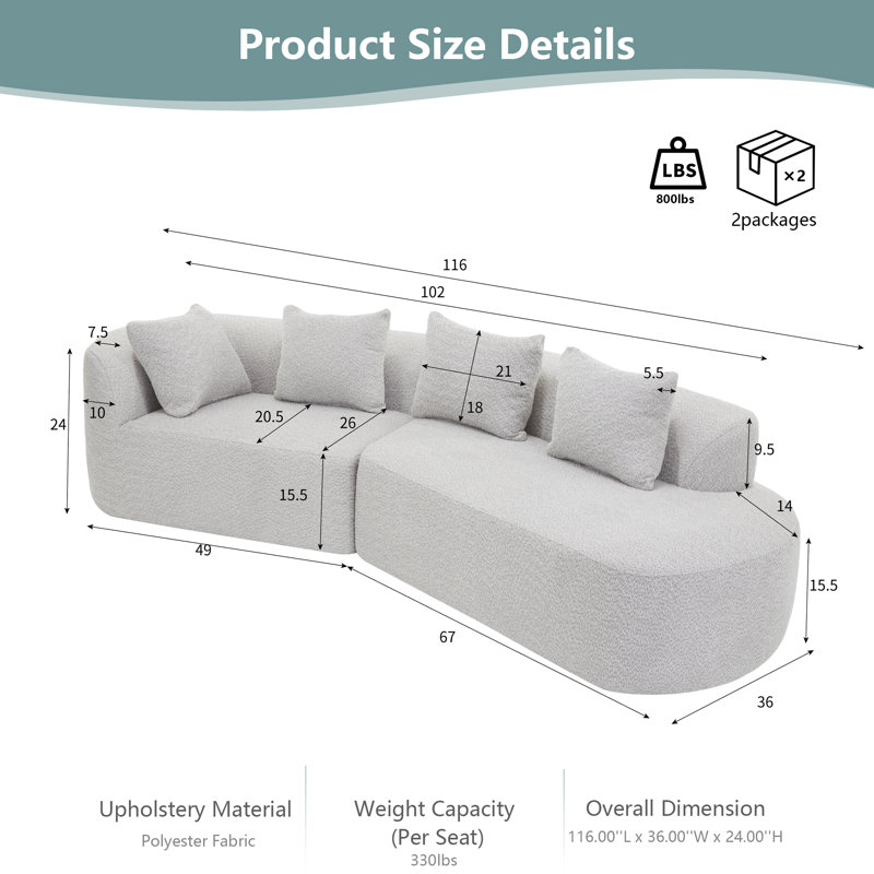 Canapé modulaire courbé 116 po avec méridienne 116 po - Ensemble 2 pièces de revêtement en perle, éponge compressée haute densité, orienté vers la droite, entièrement assemblé pour le salon