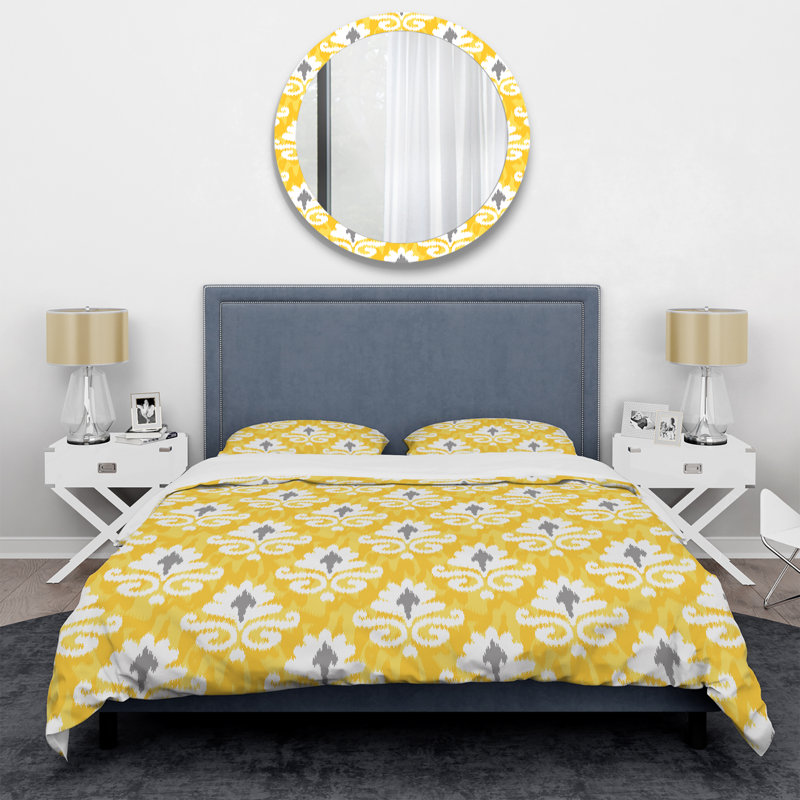 Yellow Flower Ikat Pattern Ikat Duvet Cover, King Duvet Cover + 2 King Shams