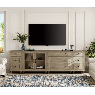 Scarlett Large TV Stand For 85 Inch TV, LED TV Console Table For 85 Inch TV, Entertainment Center With Charging Station&Glass Door, Kitchen Sideboard Buffet Cabinet For Dining Room