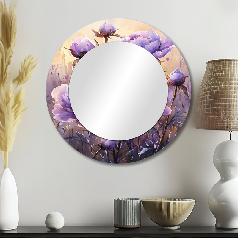 Summer Twilight Lavender Peonies - Floral Accent Wall Mirror - Printed On Metal, 23" x 23"