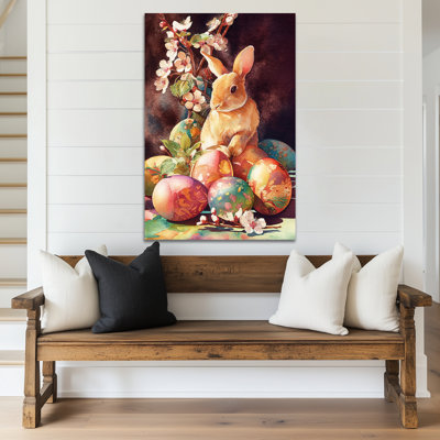  Art mural sur toile de lapin de Pâques - Décoration murale lapin de printemps vibrant avec œufs et fleurs de Pâques, pour décoration murale de Pâques et décorations saisonnières pour la maison, 20 po x 30 po