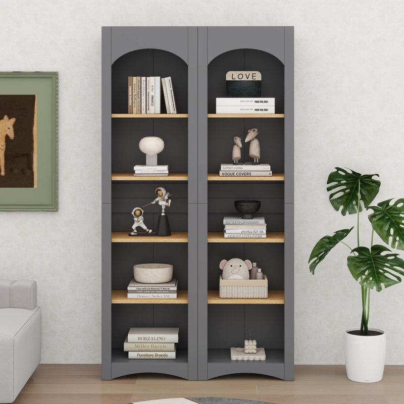 Bibliothèque moderne à 5 niveaux, ensemble de 2 bibliothèques, ensemble de rangement bicolore avec tablettes réglables, Gris