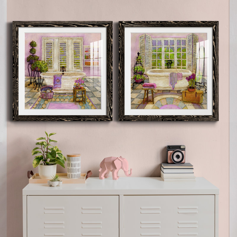 Sunny Day Bath I - ensemble de 2 peintures encadrées, Cadre noir, H 27,5 po x l 55 po x P 1,5 po