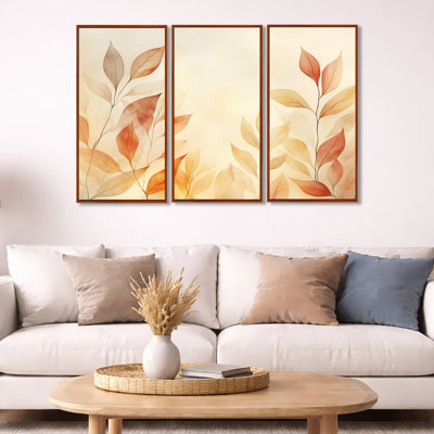 Feuille de sauge, art botanique sur toile - rouge orange, aquarelle de feuilles d'automne sauge, ensemble de 3 toiles encadrées, décor traditionnel