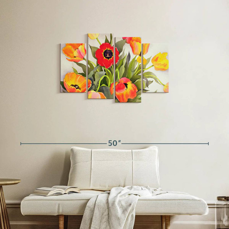 Harnek orange et tulipes rouges, H 22 po x l 36 po