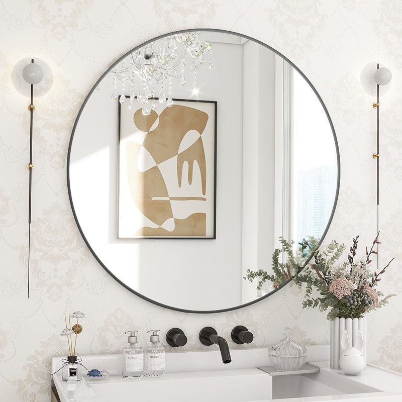 Bhagwanaram Aluminum Framed Round Wall Mirror, Black, 24" x 24"