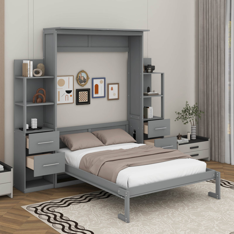 Lit escamotable double avec tablettes, tiroirs et DEL, Gris