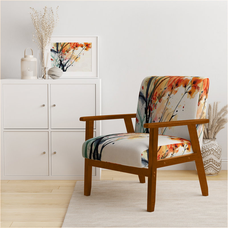 Fleurs orange abstraites - Fauteuil d'appoint rembourré traditionnel, Rouge / orange / noir / blanc, Brun