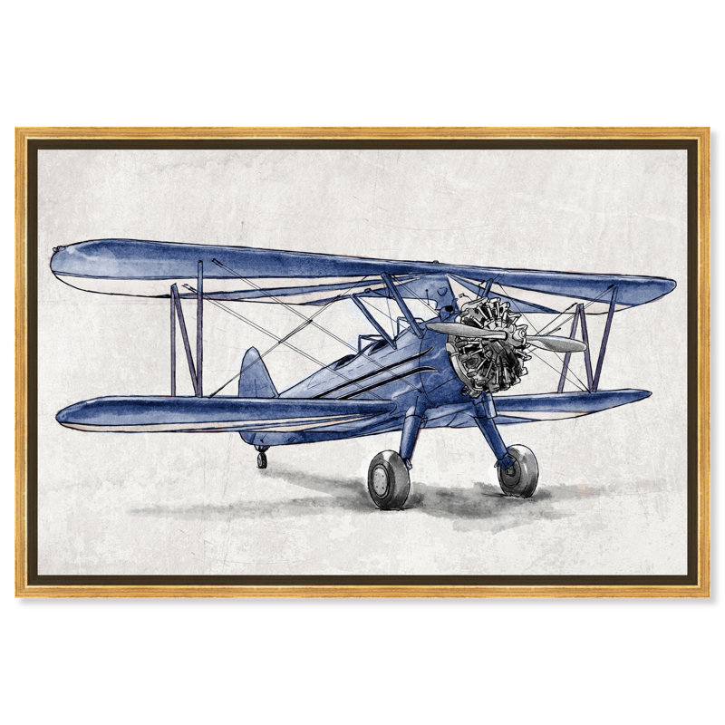 «Bertineke Transport Blue Vintage Aviator Airplanes», reproduction d'art sur toile, H 36 po x l 54 po, Toile encadrée, Doré