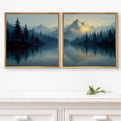 «Blue Mountain Lake Reflection Forest Scenery», reproduction d'art sur toile encadrée dans la chambre principale