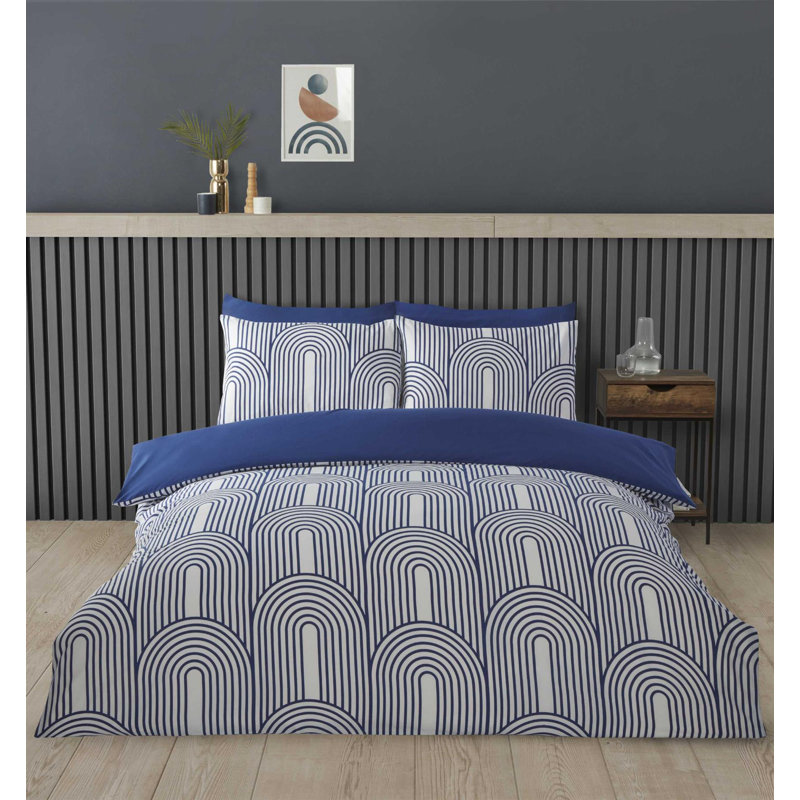 Cotton Blend Geometric Duvet Cover Set with Pillowcases Included, Single, Blue