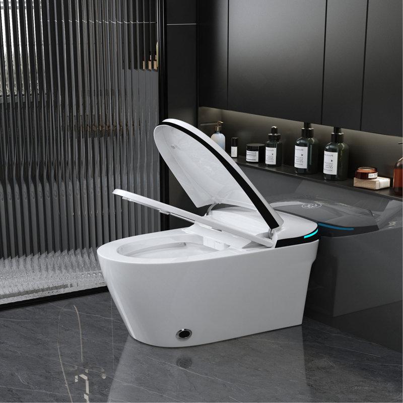 Toilette intelligente de luxe avec siège de bidet intégré, siège de toilette ouvert / fermé intelligent, capteur de pied, affichage à DEL, veilleuse, eau chaude et sécheuse