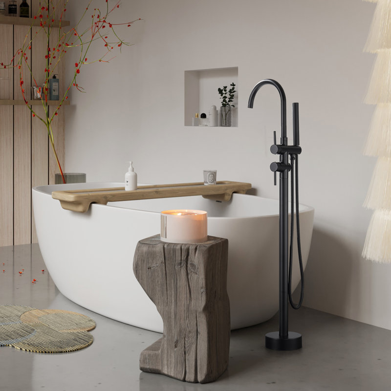 45-1/2" H Freestanding Double Handles Tub Faucet With Handheld Shower And Rotatable Spout, Matte Black