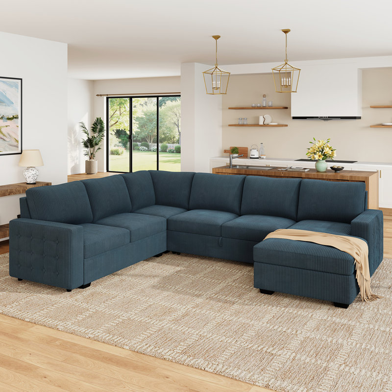 Brunella U-shaped Corduroy Sectional Sleeper Sofa Pull Out Sofa Bed, Blue Corduroy