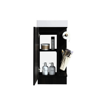 Meuble-lavabo de 16 po en noyer noir pour les coins serrés - lavabo en pierre, porte-papier hygiénique et portes à fermeture douce et silencieuse