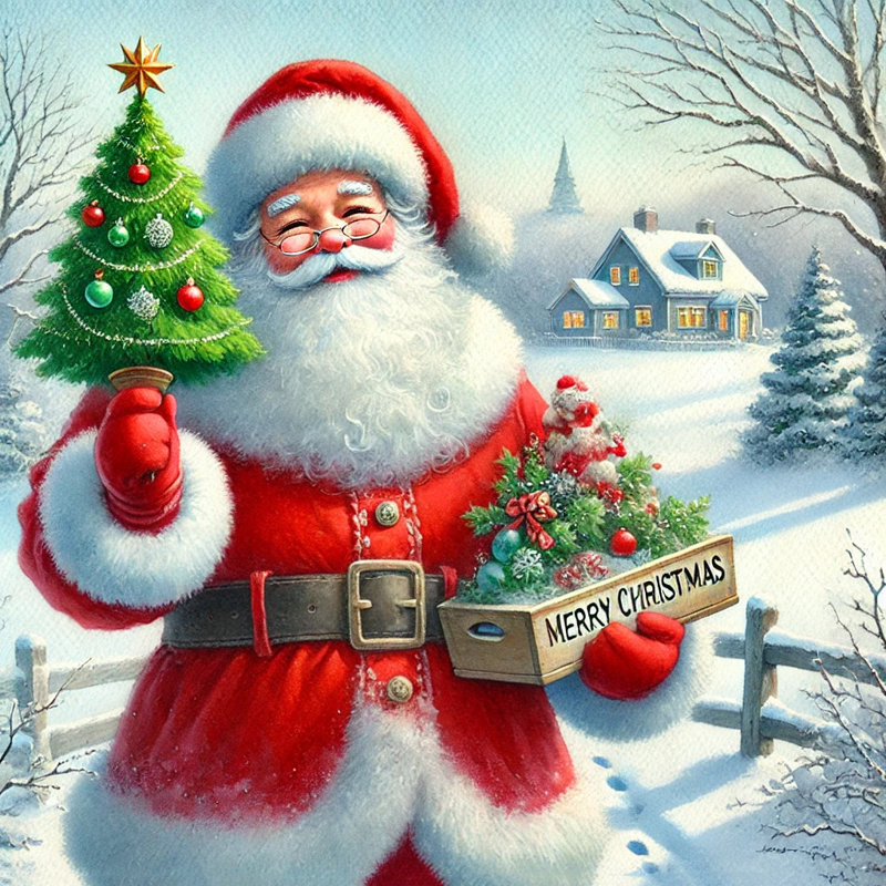 «Christmas Cheer: Santa Claus with Holiday Tree», art mural, H 12 po x l 12 po