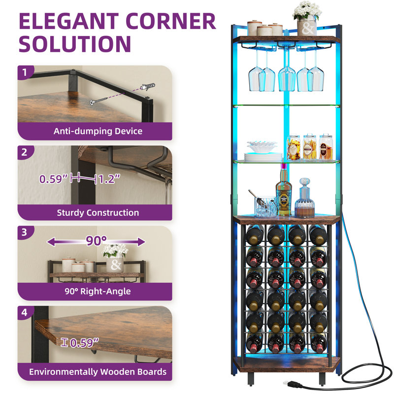 Samontha 67" Height Corner Bar Cabinet with LED Light and Outlet, Freestanding Corner Wine Rack with 6 Tier Wine Rack and Goblet Rack