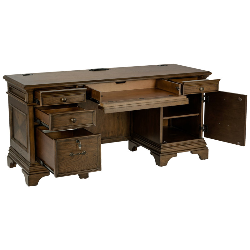 Bureau en chêne bruni avec cinq tiroirs, style élégant, dactylographie ergonomique, profondeur de 24 pouces, bois et 5 tiroirs pour un espace de travail organisé, grain en évidence, forme rectangulaire, 66 x 24 x 31,42 pouces,