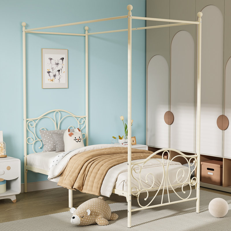 Metal Canopy Bed With Butterfly Pattern Design For Headboard And Footboard, Beige