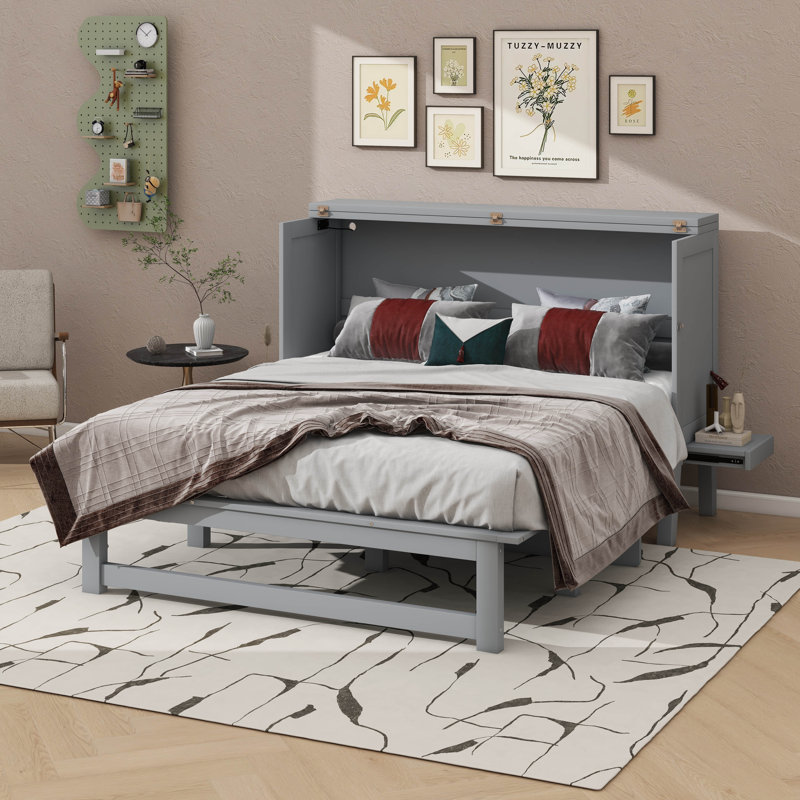 Murphy Bed With USB Port And Removable Shelves On Each Side, Gray, Queen