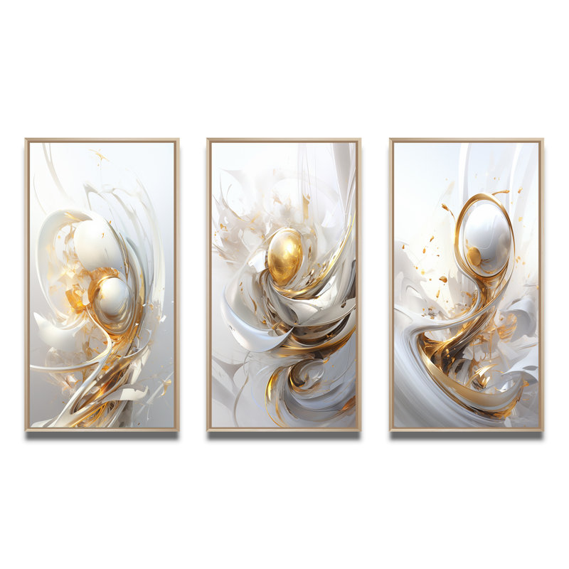 «Gold Sphere Fractal», 3 pièces sur toile, Cadre naturel flottant, H 32 po x l 48 po