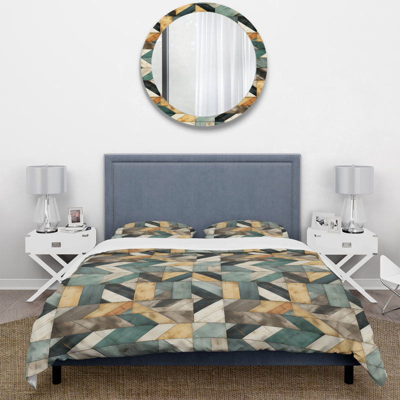 Natural Tones Grey And Beige Mosaic Geometric Shapes Duvet Cover, King Duvet Cover + 2 King Shams, Geometric Shapes 28